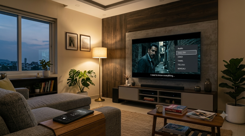 Telugu web series Pan-India show streaming on a living-room TV with subtitles