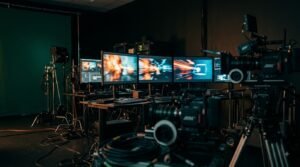 Telugu multiverse cinema concept — cinema hall screen representing Tollywood shared universes