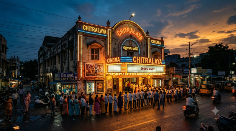 A bustling queue of moviegoers outside Chitralaya Cinema hall glowing with warm neon lights at dusk, representing theatrical rights in Tollywood.