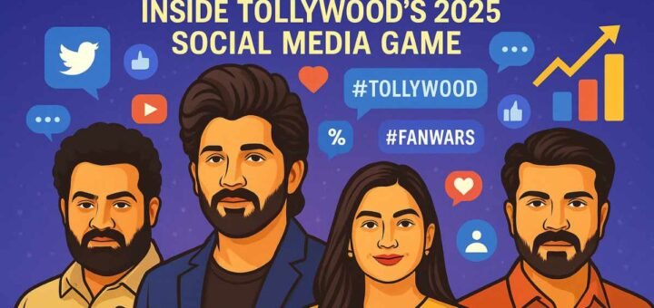 Graphic showing Tollywood digital marketing trends and fan-driven social media campaigns in 2025