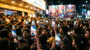 Tollywood social media marketing — fans trending a Telugu film teaser on phones