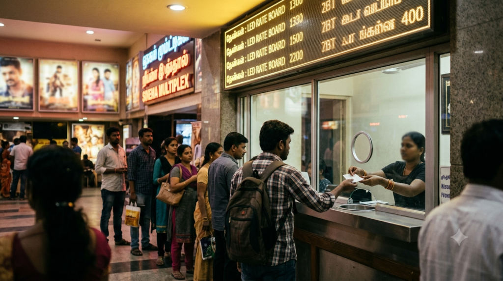 Tollywood ticket pricing reforms: moviegoers at a South Indian cinema box-office counter with a glowing price board