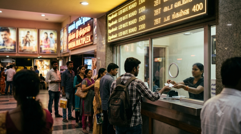 Tollywood ticket pricing reforms: moviegoers at a South Indian cinema box-office counter with a glowing price board