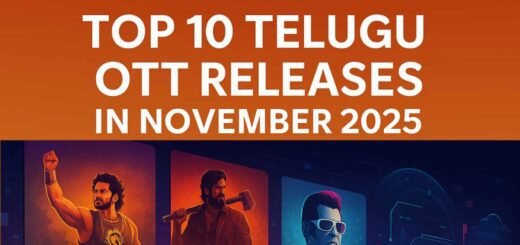Promotional image showcasing the top 10 Telugu OTT releases in November 2025 with posters from Netflix, Prime Video, Aha, and Hotstar.