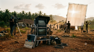 Upcoming Telugu directors at a film set monitor during a Tollywood outdoor shoot