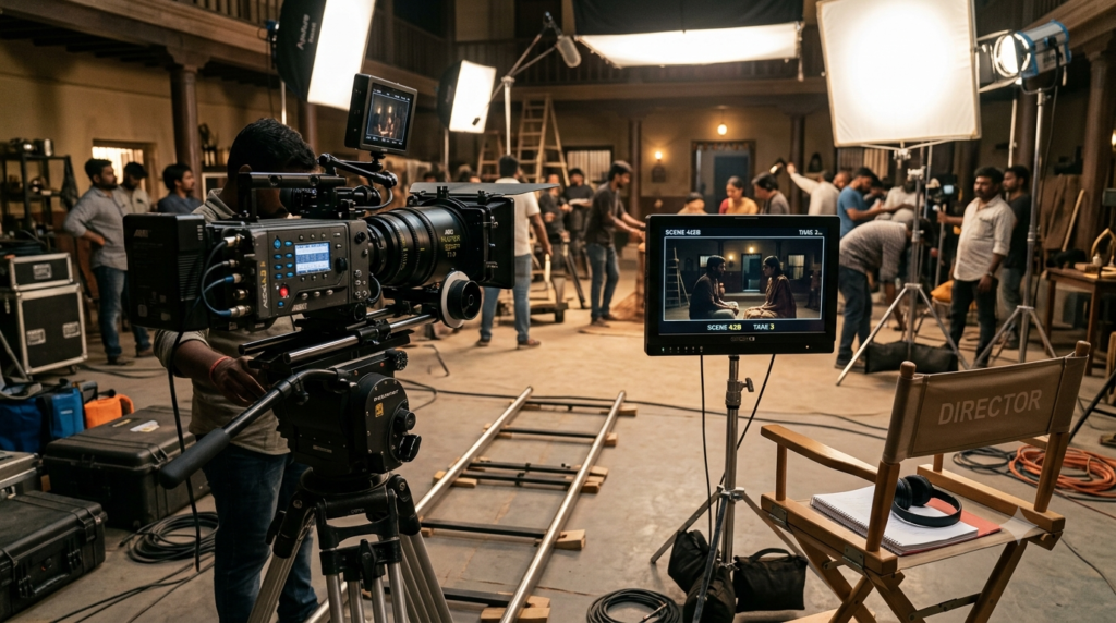 Upcoming Telugu directors working on a Tollywood film set with a cinema camera and director's monitor