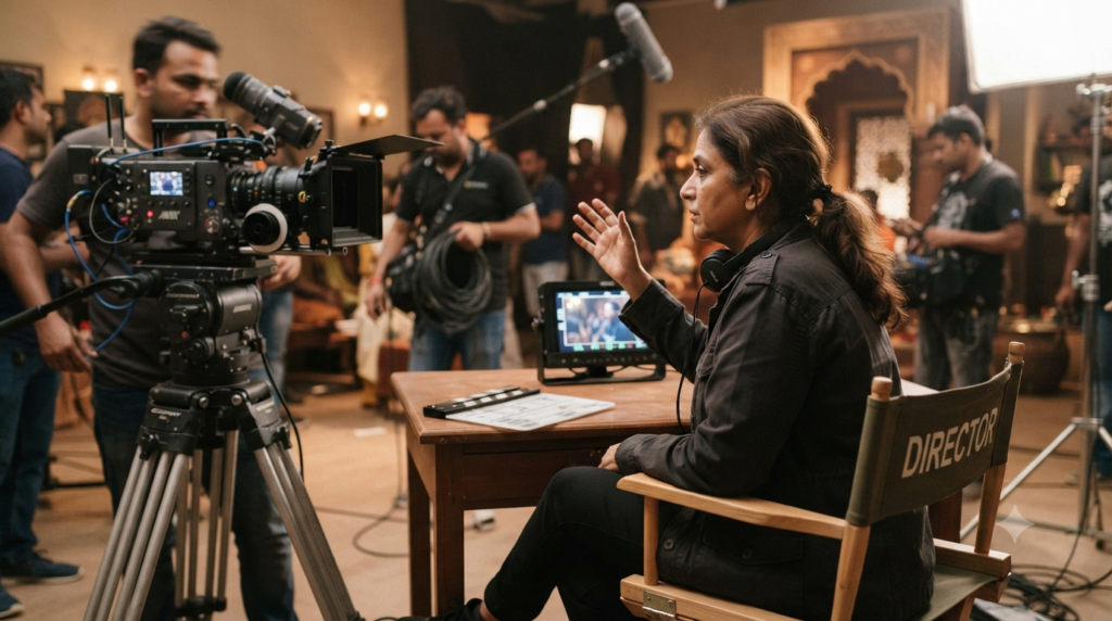 Women directors in Tollywood — a woman film director at work beside a camera monitor on a Telugu film set