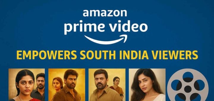 Amazon Prime Video South India promotion banner highlighting Telugu, Tamil, Kannada, and Malayalam cinema with regional actors and film posters.