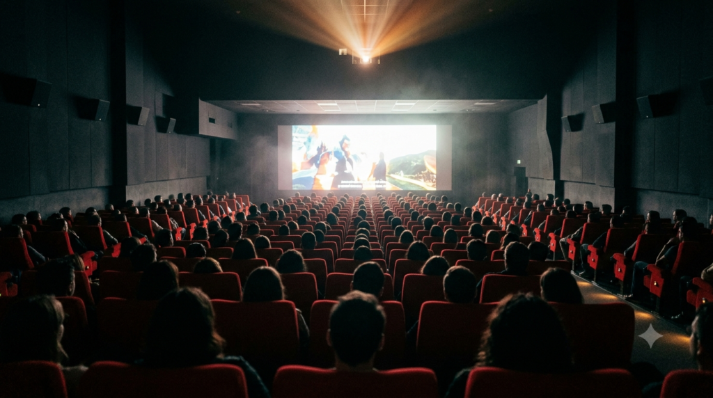 A packed cinema hall with an audience watching one of the best Telugu films 2025 on the big screen.