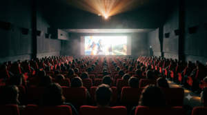 A packed cinema hall with an audience watching one of the best Telugu films 2025 on the big screen.
