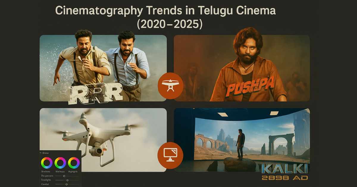 Telugu cinematography trends — drone shots, color grading, and virtual production from 2020–2025.
