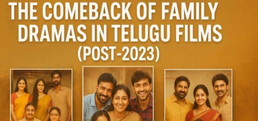 Poster collage of recent Telugu family drama films from 2023-25 showing inter-generational cast and warm family settings.