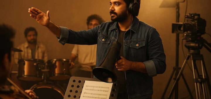 South Indian music composer-director guiding a film scene inside a studio with instruments and camera equipment.