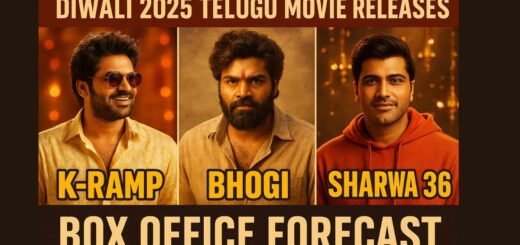Poster collage of Diwali 2025 Telugu releases — K-Ramp, Bhogi, and Sharwa 36 — featuring Kiran Abbavaram, Sree Vishnu, and Sharwanand in festive-themed cinematic stills.