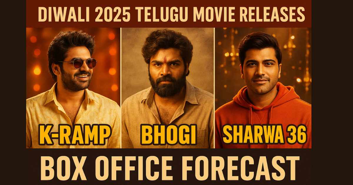 Poster collage of Diwali 2025 Telugu releases — K-Ramp, Bhogi, and Sharwa 36 — featuring Kiran Abbavaram, Sree Vishnu, and Sharwanand in festive-themed cinematic stills.