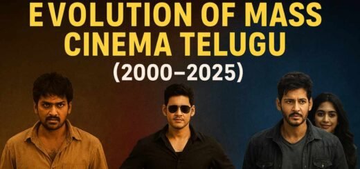Timeline collage of Telugu mass cinema from 2000-2025 showing early 2000s faction films, 2010s pan-India blockbusters and 2020s smart mass productions.