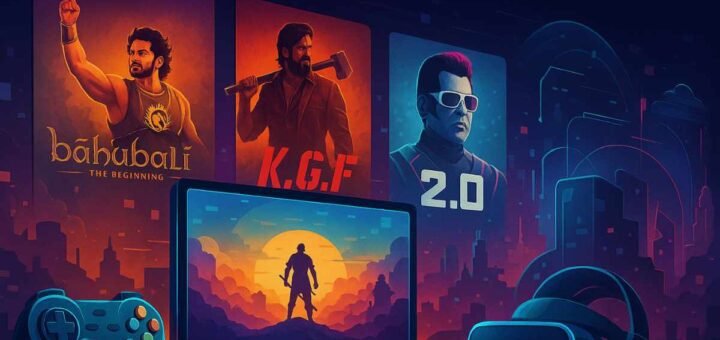 South Indian cinema and gaming crossover illustration with movie icons and gaming setup.