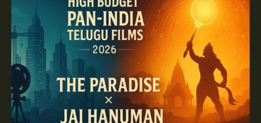 A symbolic cinematic poster showing a futuristic city merging with a mythological temple backdrop — representing The Paradise and Jai Hanuman as Tollywood’s 2026 high-budget pan-India films.