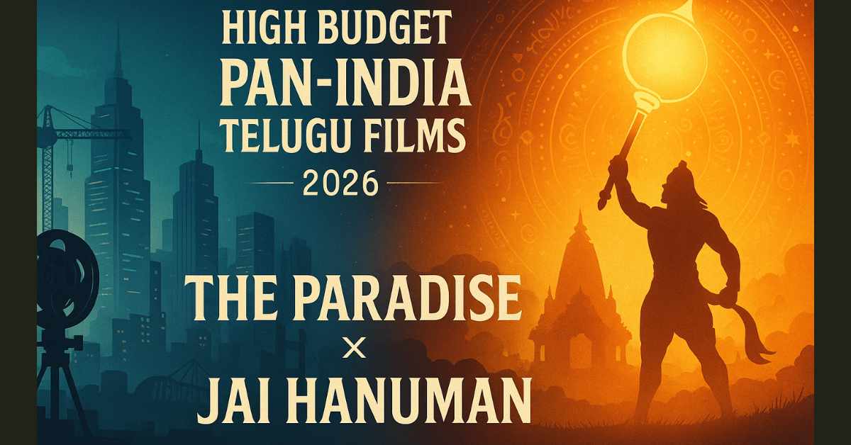 A symbolic cinematic poster showing a futuristic city merging with a mythological temple backdrop — representing The Paradise and Jai Hanuman as Tollywood’s 2026 high-budget pan-India films.