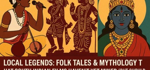 South Indian folk myth collage such as Oggu Katha artist, shadow puppetry Tholu Bommalata, goddess Renuka – cinematic legend potentials.