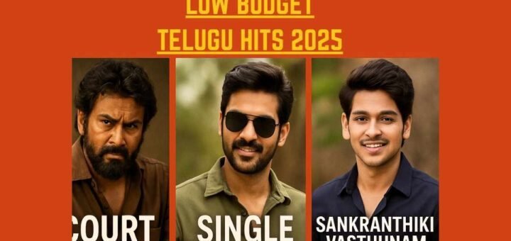 Telugu actors from Court, Single, and Sankranthiki Vasthunam representing low-budget Telugu hits 2025 with success chart background