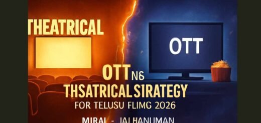 Visual comparison of theatrical and OTT release strategies in Telugu cinema, using Mirai (OTT) and Jai Hanuman (Theatrical) for contrast.