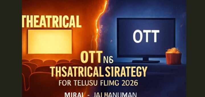 Visual comparison of theatrical and OTT release strategies in Telugu cinema, using Mirai (OTT) and Jai Hanuman (Theatrical) for contrast.