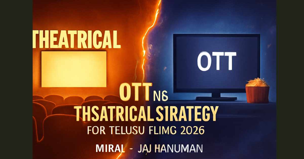 Visual comparison of theatrical and OTT release strategies in Telugu cinema, using Mirai (OTT) and Jai Hanuman (Theatrical) for contrast.
