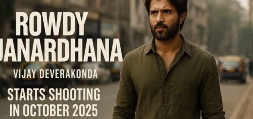 Vijay Deverakonda in Rowdy Janardhana movie poster, standing on a Mumbai street as filming begins in October 2025 under Ravi Kiran Kola’s direction.