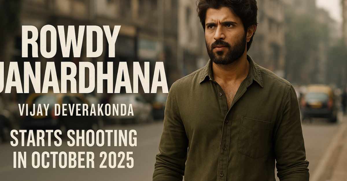 Vijay Deverakonda in Rowdy Janardhana movie poster, standing on a Mumbai street as filming begins in October 2025 under Ravi Kiran Kola’s direction.