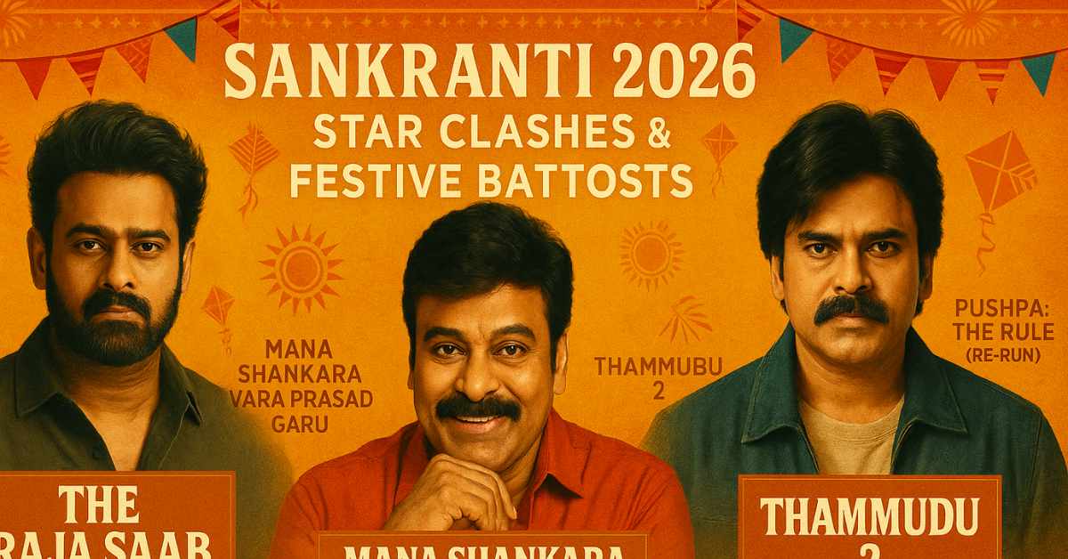 Prabhas, Chiranjeevi, and Pawan Kalyan headline the biggest Sankranti 2026 Telugu movie lineup featuring The Raja Saab, Mana Shankara Vara Prasad Garu, Thammudu 2, and more festive blockbusters.