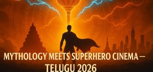 Mythology-inspired superhero concept art featuring divine symbols, celestial themes, and dynamic lighting, representing Telugu cinema’s rise in mythic storytelling through films like Jai Hanuman, Garuda Chapter 1, and Adhira.