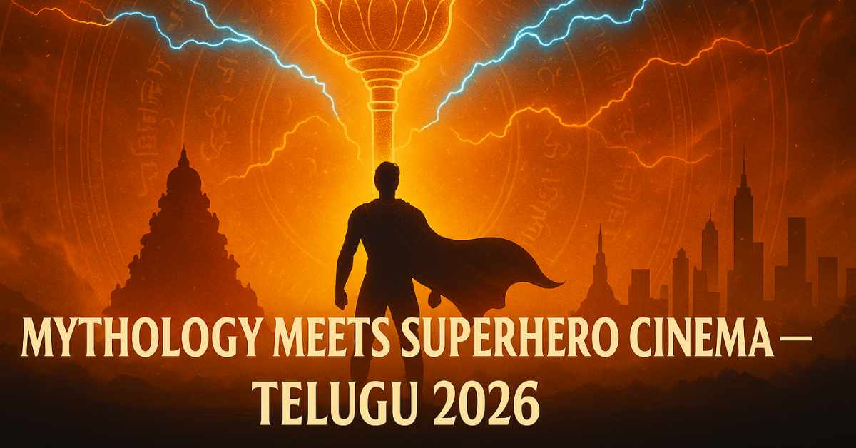 Mythology-inspired superhero concept art featuring divine symbols, celestial themes, and dynamic lighting, representing Telugu cinema’s rise in mythic storytelling through films like Jai Hanuman, Garuda Chapter 1, and Adhira.