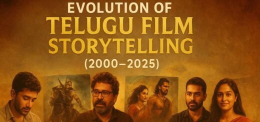Evolution of Telugu Film Storytelling from 2000 to 2025 showing writers, directors, and film posters like Baahubali, Arjun Reddy, and Balagam.