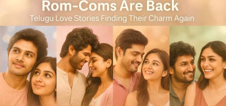 Collage of Telugu romantic films Bubblegum, Kushi, Love Me If You Dare, and Hi Nanna symbolizing the revival of romantic comedies in 2025