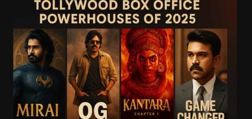 tollywood box office 2025 Poster collage of Telugu blockbusters Mirai, OG, Game Changer, and Kantara Chapter 1 symbolizing Tollywood’s 2025 success