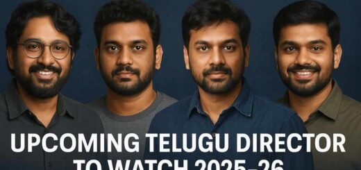 Portrait collage of four rising Telugu film directors representing the new era of Tollywood
