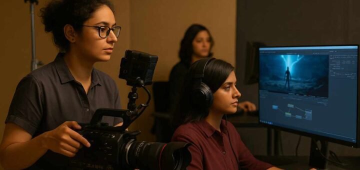 women technicians South Woman cinematographer and woman VFX artist working behind the scenes of a South Indian film production.