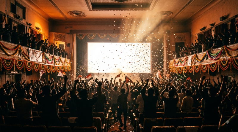 Nandamuri Legacy fans celebrating a Telugu mass cinema release inside a packed cinema hall