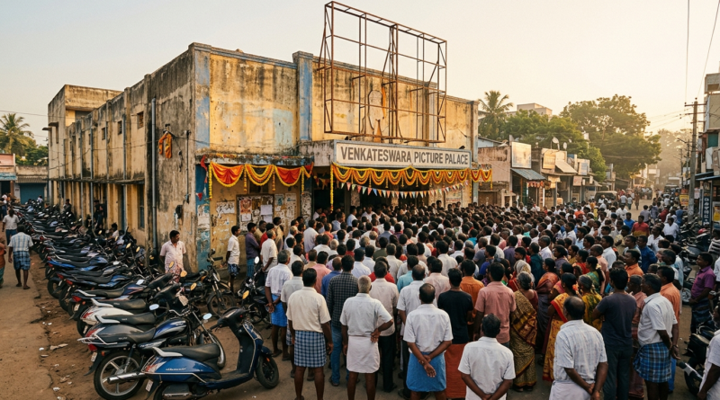 Pawan Kalyan legacy: fans crowd outside a South Indian single-screen cinema on a first-day-first-show morning
