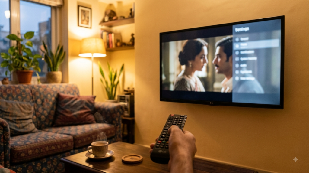Telugu shows on Prime Video displayed on a TV with the audio language menu open