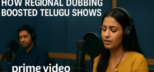 Voice artists dubbing Telugu shows for Prime Video in studio setup.