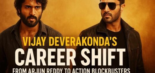Vijay Deverakonda showcasing his evolution from Arjun Reddy’s intense look to modern action hero style.