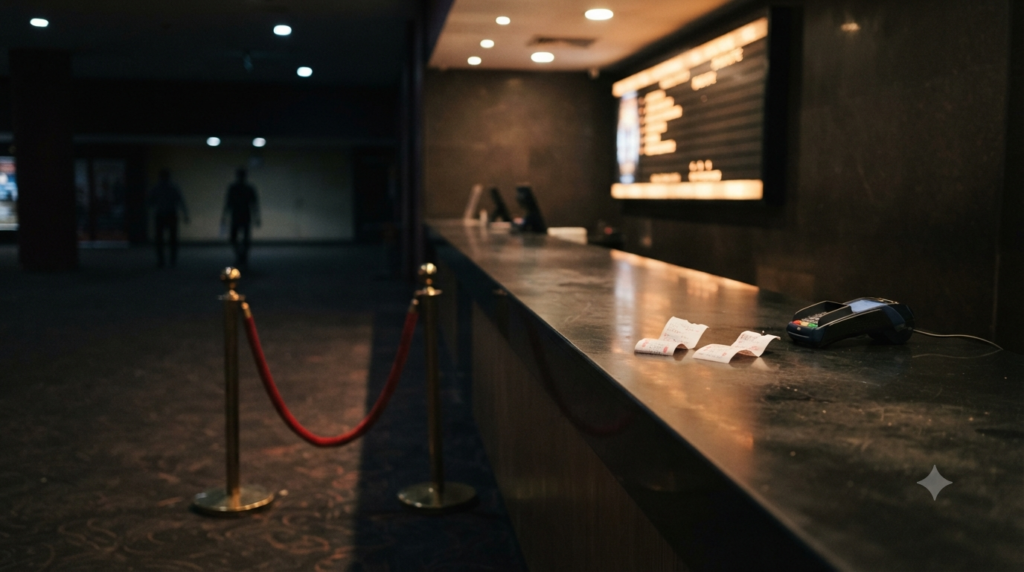 Dacoit box office verdict illustrated by a quiet multiplex ticket counter on a weekday evening in India