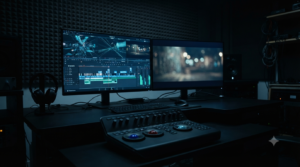 Hai Jawani AI babies teaser explained — edit bay monitors showing a promo video timeline