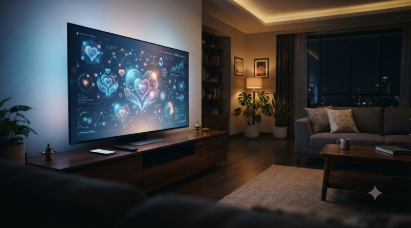 Love Insurance Kompany OTT streaming concept with futuristic romance visuals on a home TV