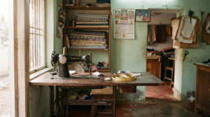 Maa Inti Katha review - 1990s small-town Telugu tailoring shop interior with sewing machine