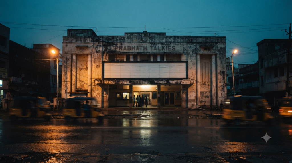 Mahesh Babu Srinivasa Mangapuram timeline: South Indian cinema exterior at dusk with a lit blank marquee