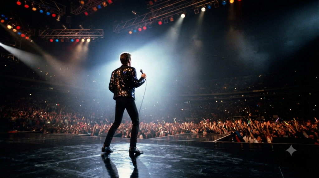 Michael review visual with a silhouetted 1980s pop performer on a stadium stage