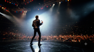 Michael review visual with a silhouetted 1980s pop performer on a stadium stage